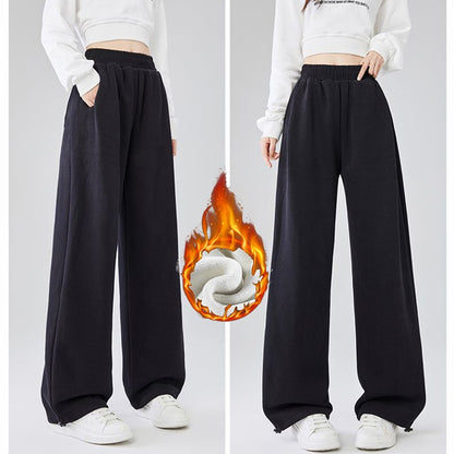 Winter Lady Snow Warm Thin Straight Leg Pants Girls Classic Daily Plush Trousers Women High Waist Thermal Fleece Pants