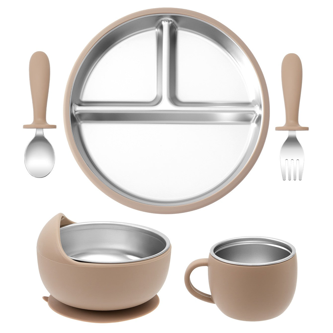 5PCS Stainless Steel Dishes Plate Baby Feeding Set With Detachable Silicone Sucker Bowl BPA Free Infant Fork Spoon Cup Gifts
