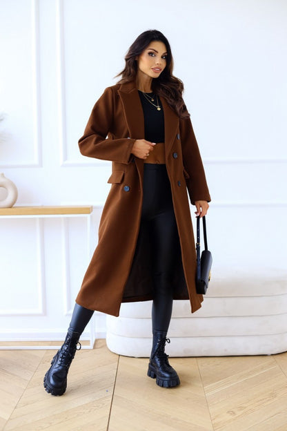 Women's Clothing Autumn and Winter Minimalist Double Breasted Solid Color Long Sleeved Lapel Button Down Woolen Coat