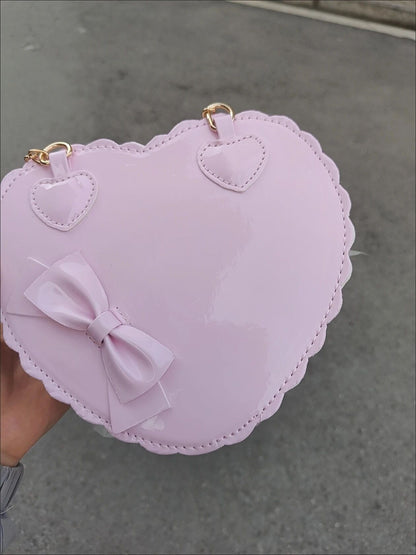 PU Heart Lolita Handbags Girls Bowknots Decor Japanese Shoulder Bags Two Sized Kawaii Shell Purses Cute Pink Messenger Bag Gifts