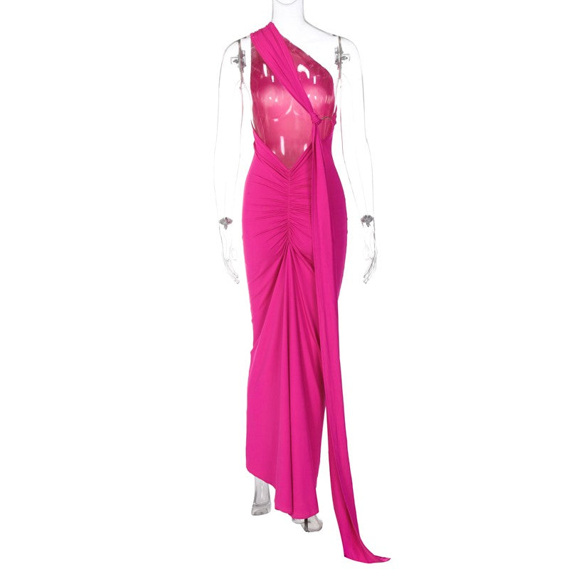 Hugcitar One Shoulder Backless Adjustable Scarf Loop Ruched Sexy Maxi Dress Wome
