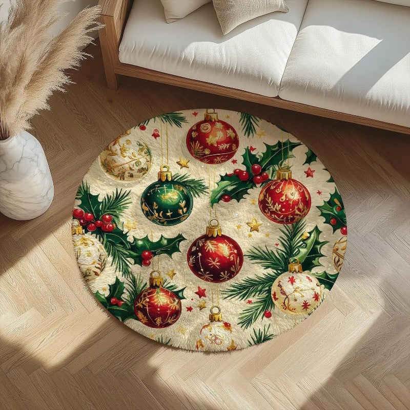 Round Christmas Carpet Festive Area Rug Non-Slip Wear-resistant Circle Carpet for Living Room Bedroom Soft Floor Mat Home Decor