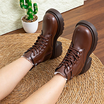 Brown Retro  Boots For Women British Style2025Autumn And Winter New Thick-Soled Height-Increasing Short Boots With