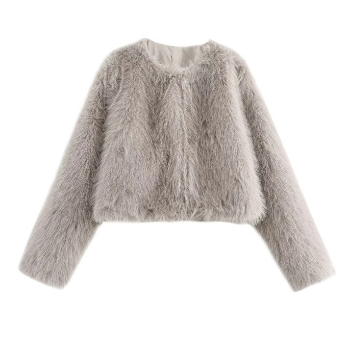 Faux fur jacket Traf   Fall/Winter New Fashion Women's Faux Fur Effect Round Neck Long Sleeve Short Jacket 2025