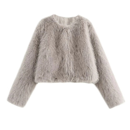 Faux fur jacket Traf   Fall/Winter New Fashion Women's Faux Fur Effect Round Neck Long Sleeve Short Jacket 2025