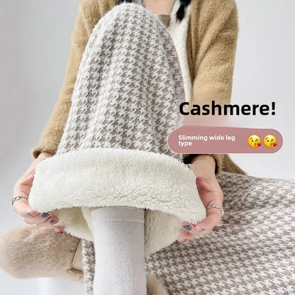 High Waist Wide Leg Pants Women's Autumn Winter New Style Lazy Casual Fleece Woolen Plaid Trousers Fashionable Comfortable