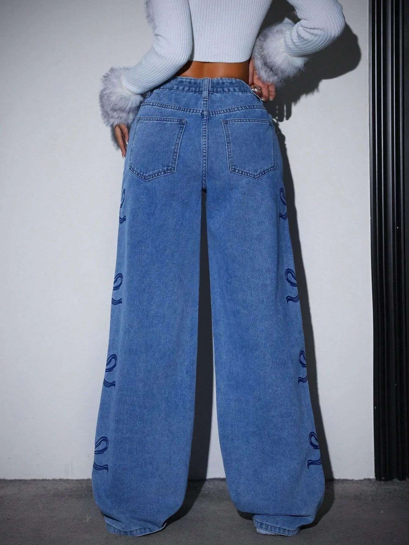 Denim Pants Women Bow Print Jeans High Waist Washed Distressed Straight Trousers Vintage Floor Length Streetwear Wide Leg Pants