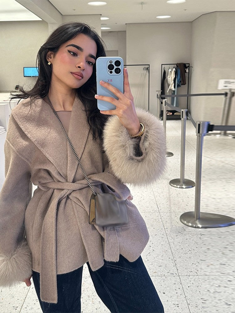 Lace-Up Short Overcoat Women's Coat Office Lady Elegant Woolen Furry Patchwork Long Sleeve Coats 2025 New Loose Cardigan Jackets