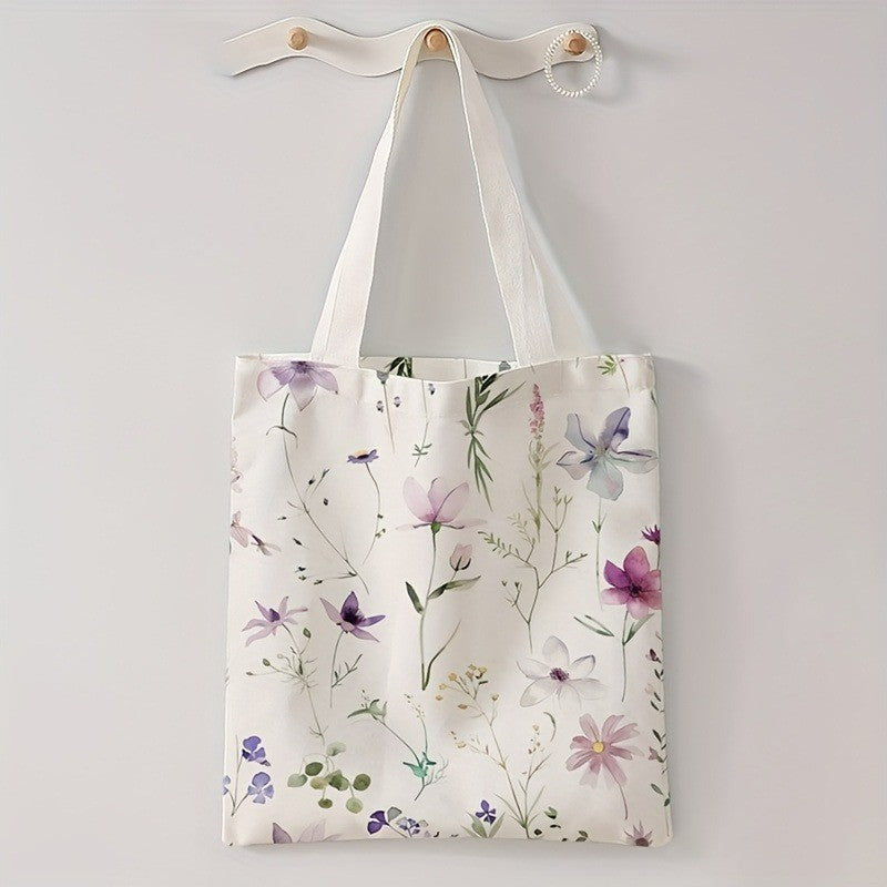 Floral Letter Pattern Printed Tote Bag Fashionable Reusable Shoulder Bag Polyester Handbag Lightweight Casual Shopper Bag
