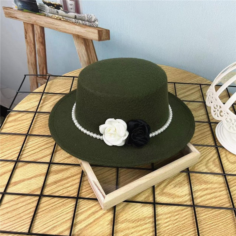 Chapéu Fedora Feminino Corrente Floral Alta Costura com Alfinetes de Pérola Boné em Relevo Preto Branco Outono Inverno Chapéu de Aba Larga para Meninas