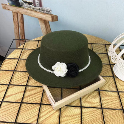 Chapéu Fedora Feminino Corrente Floral Alta Costura com Alfinetes de Pérola Boné em Relevo Preto Branco Outono Inverno Chapéu de Aba Larga para Meninas