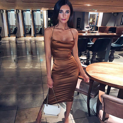 Neon Satin Lace Up Women's Long Midi Dress Light Pink Bodycon Backless Elegant P