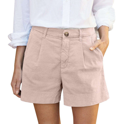 Cotton Linen Solid Shorts For Women Button High Waist Summer Loose Casual Pockets Shorts Female Pants Women Clothing
