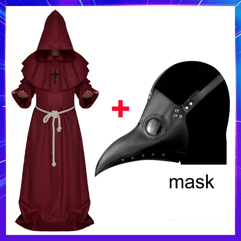 Halloween Wizard Cosplay Medieval Monk Hooded Robe Costume Mask Hat For Men Steampunk Priest Horror Masquerade Unisex Cloak Cape