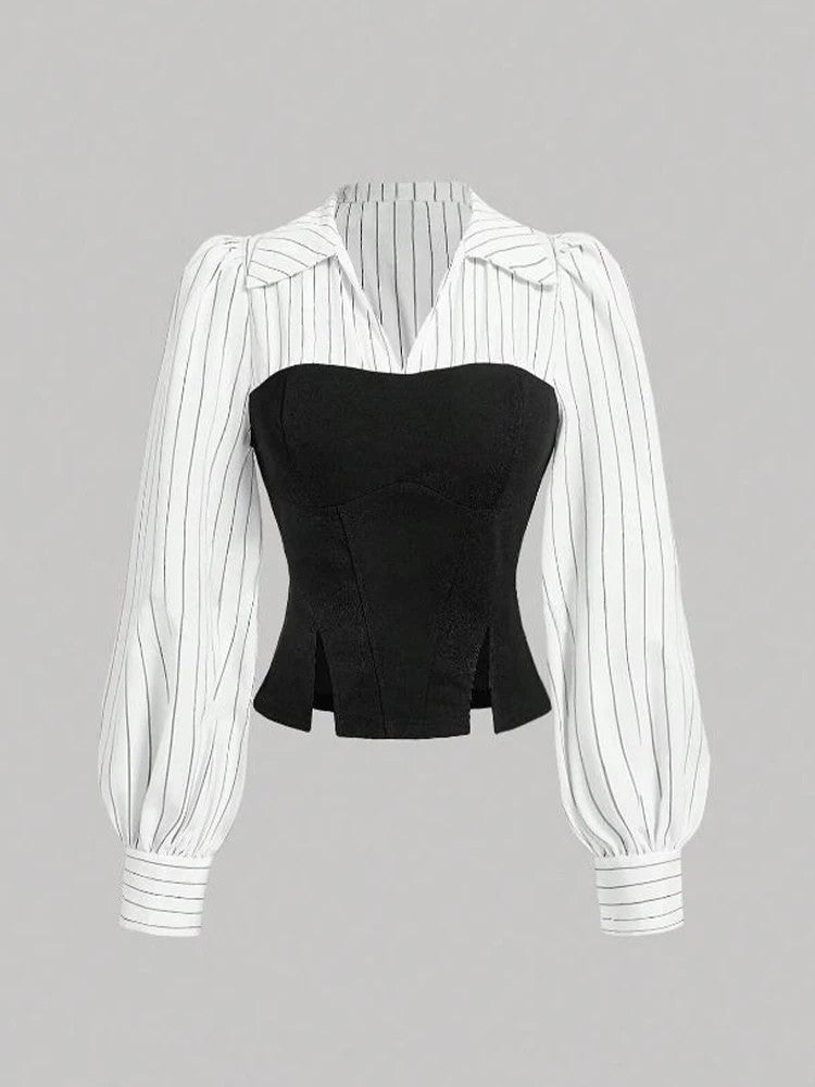 Women Elegant Striped Shirt Business Casual Office Blouse with Lapel Spliced Design Fashion Slim Fit Work Shirt
