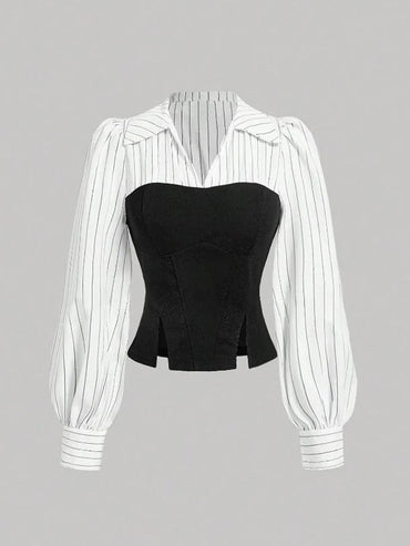 Women Elegant Striped Shirt Business Casual Office Blouse with Lapel Spliced Design Fashion Slim Fit Work Shirt