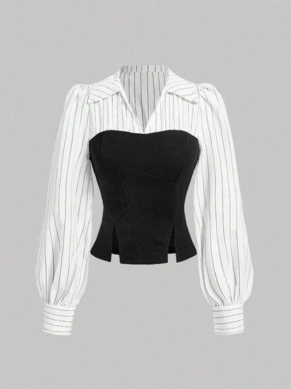 Women Elegant Striped Shirt Business Casual Office Blouse with Lapel Spliced Design Fashion Slim Fit Work Shirt