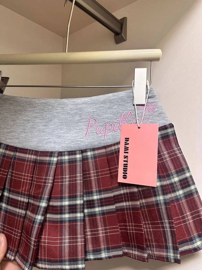 American Retro Spicy Girl Plaid Half Skirt Women Summer New Embroidery Patchwork Fashion High Waist Pleated Short Skirt