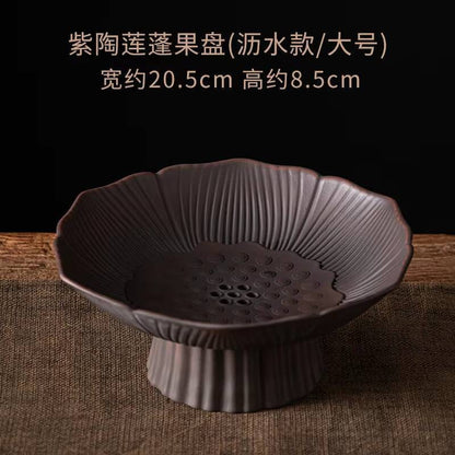 Qingxi Purple Pottery Tea Pastry Plate Handmade High Foot Dried Fruit Snack Large Integrated Drain Dessert Candy Dish Gift