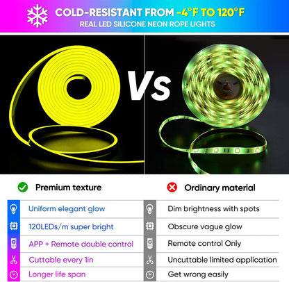 Neon LED Rope Lights,  LED Lights For Bedroom Flexible LED Light Strip With Remote And APP Control RGB Lighting Strip