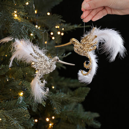1PC Gold/Silver Artificial Hummingbird Pendant With Feather Glitter Bird Christmas Tree Ornament 2026 New Year Decorations