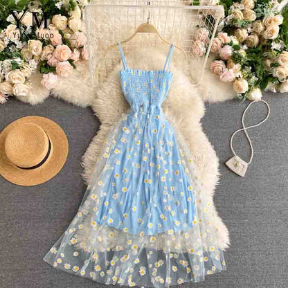 YuooMuoo Korean Fashion Daisy Flower Print Mesh Party Dress Summer Two Layers Sp