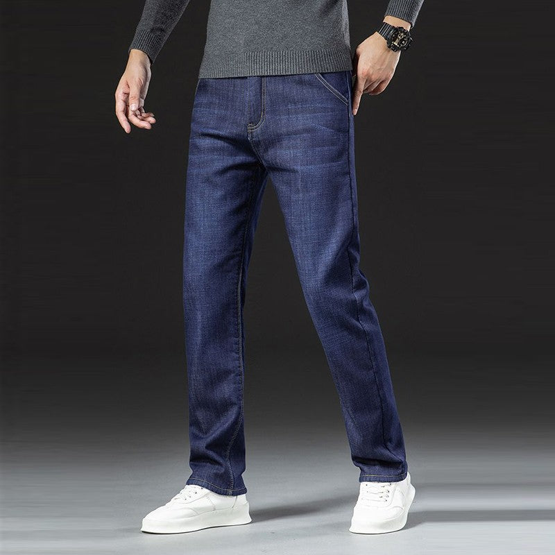 Calça Jeans Masculina de Inverno Forrada com Lã Grossa Calça Jeans Masculina de Cintura Solta Reta Slim Fit Calça Social Casual Confortável