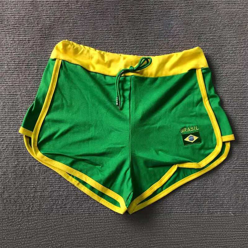 Summer Y2K Women's Fashion Green Beach Shorts with Brazil Pattern Embroidery Drawstring Elastic Waist for Casual Wear