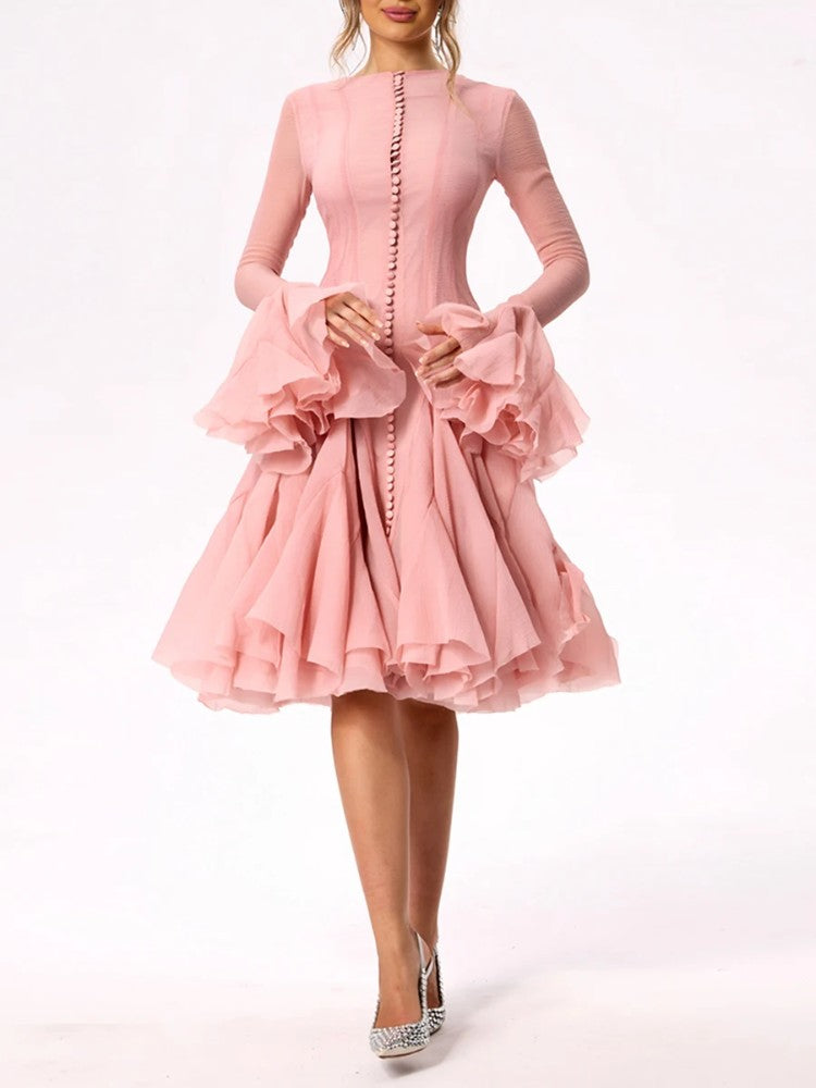 Solid Women Layered Ruffles Midi Dress Fashion Irregular Pleated A-line Long Sle