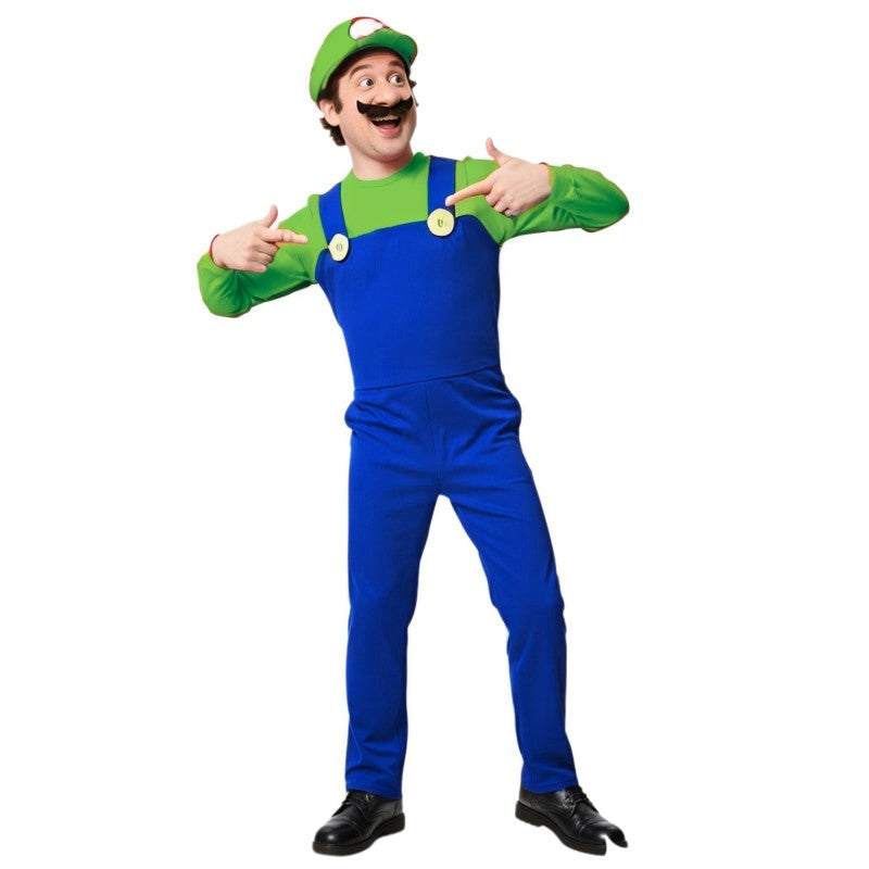 Men's Plumber Costume (Includes Hat, Gloves, Fake Beard) Halloween Cartoon Game Funny Outfit Red, Green, Yellow, Purple