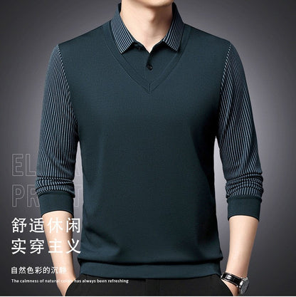 Fashion Fake Two-piece Men Long Sleeve Shirt Stripe Splice Lapel Loose Casual Pullover Tops 2025 Male Formal Business Polo Shirt