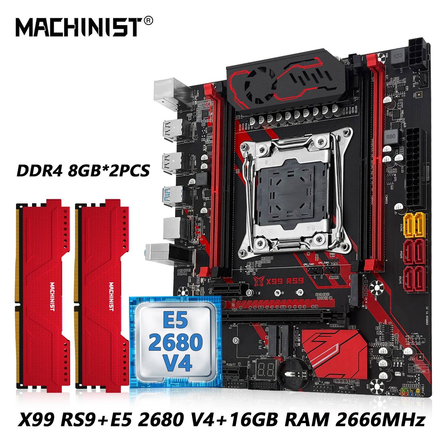 Placa-mãe MACHINIST X99 RS9 LGA 2011-3 Intel Xeon E5 2680 V4 CPU e kit opcional de memória RAM DDR4 16 GB com quatro canais USB3.0