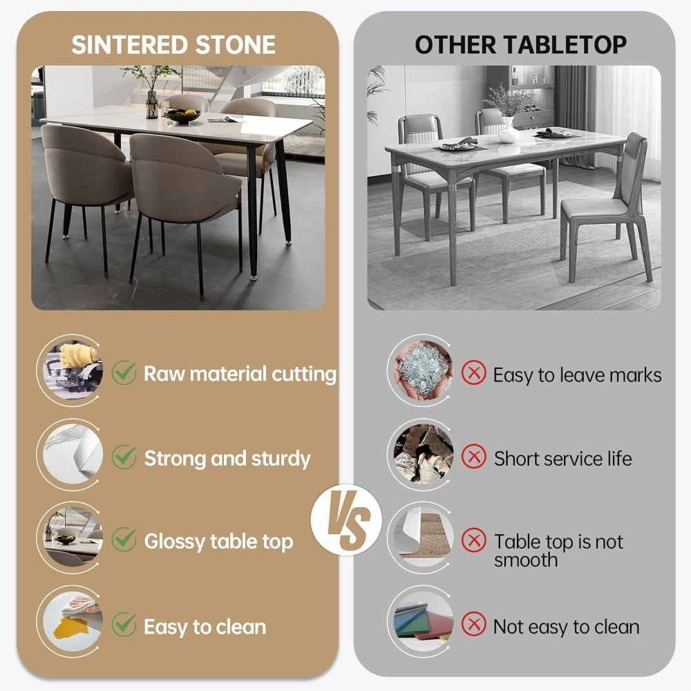 Modern Rectangular White Laminate Marble Sintered Stone Dining Table with Metal Legs for Indoor and Outdoor Kitchen Use