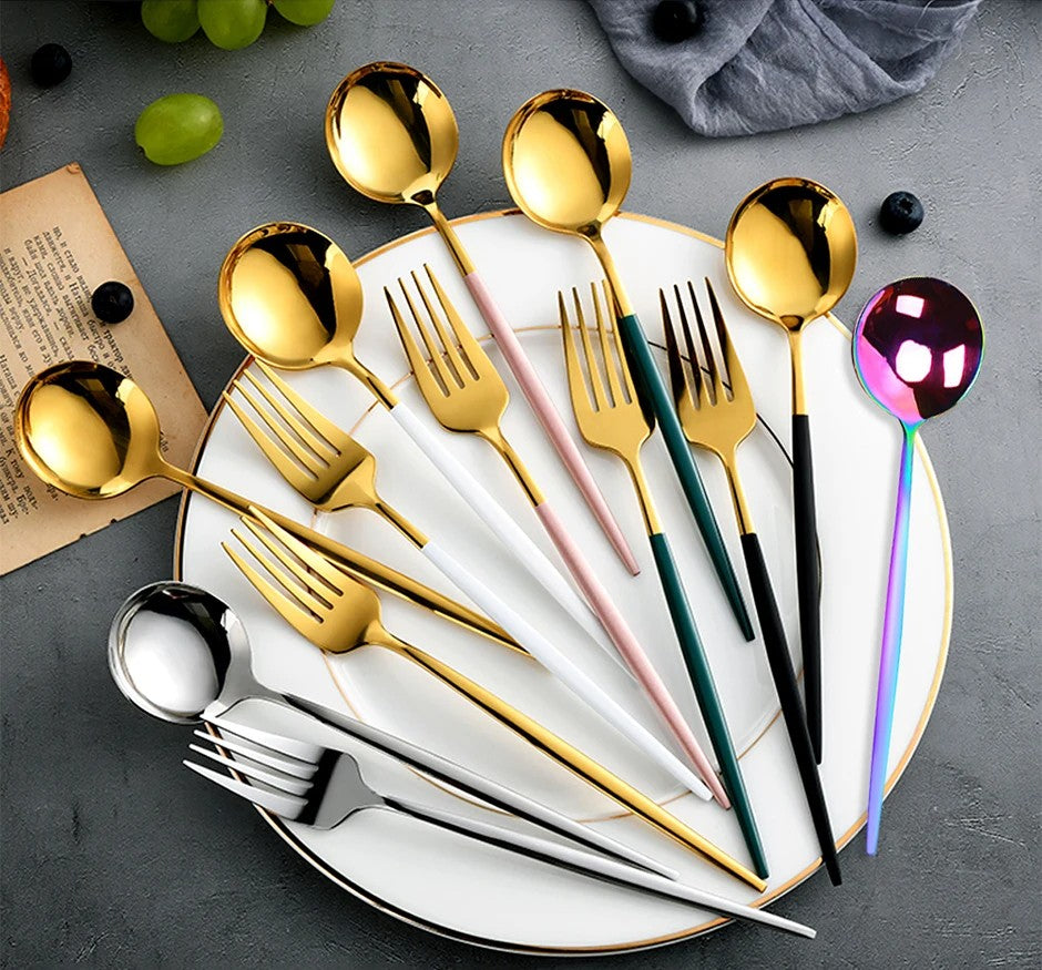 Conjunto de Talheres 24 Peças Aço Inoxidável Preto Dourado Faca Garfo Colher Talheres Ocidentais Prata Utensílios de Mesa