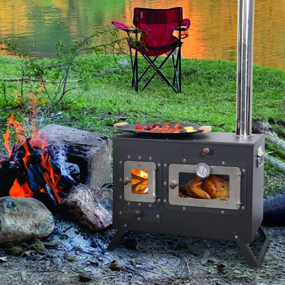 Fogão Multifuncional a Lenha para Acampamento Queimador Externo Portátil com Forno Barraca Fogão Caminhada Piquenique Churrasco Assar Aquecimento Pizza