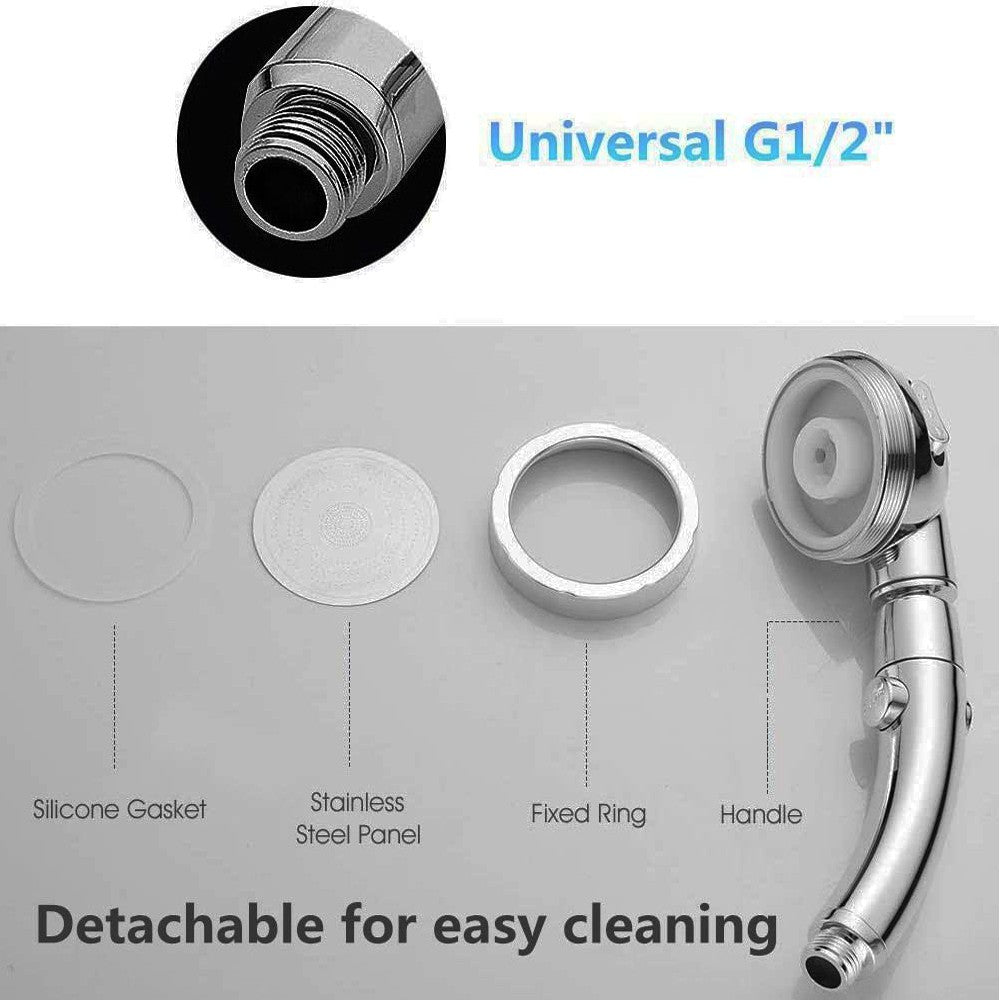 Chuveiro de mão giratório de 360 graus com 3 configurações de spray e botão de pausa ON/OFF, com ajuste de economia de água