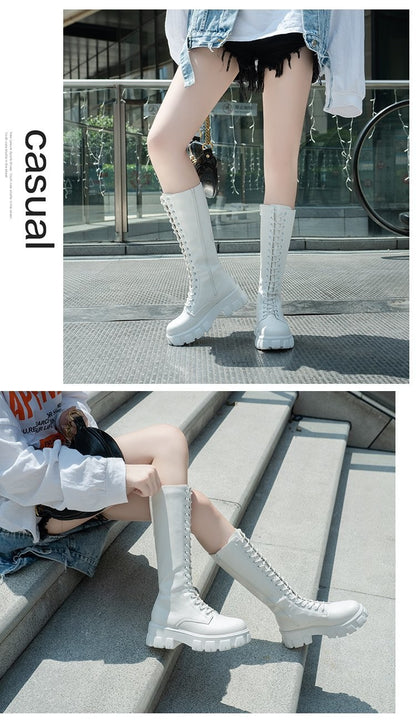 LazySeal Winter Long Boot Shoes Women White Lace Up Zip Height Increasing Pu Leather Shoes Plush Botas Mujer Big Size 43