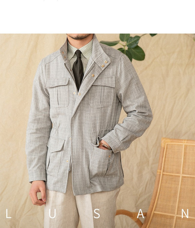 Cotton and Linen Vertical Collar Tight Waist M65 Hunting Jacket Retro All-match Spring and Summer Lightweight Casual Jacket