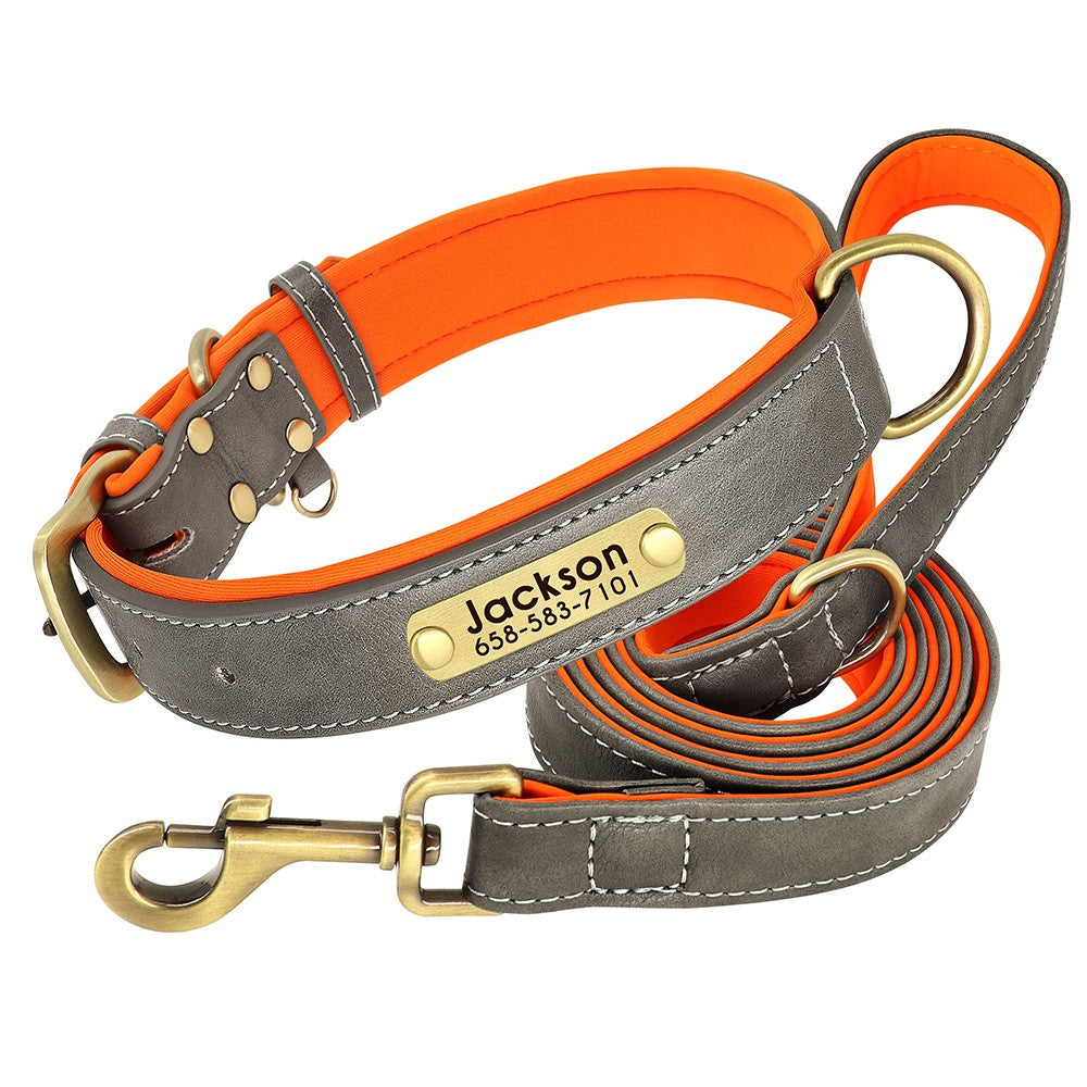 Conjunto Personalizado de Coleira e Guia de Couro para Cães Coleira de Couro Acolchoada Macia para Cães de Pequeno, Médio e Grande Porte com Placa de Identificação Grátis