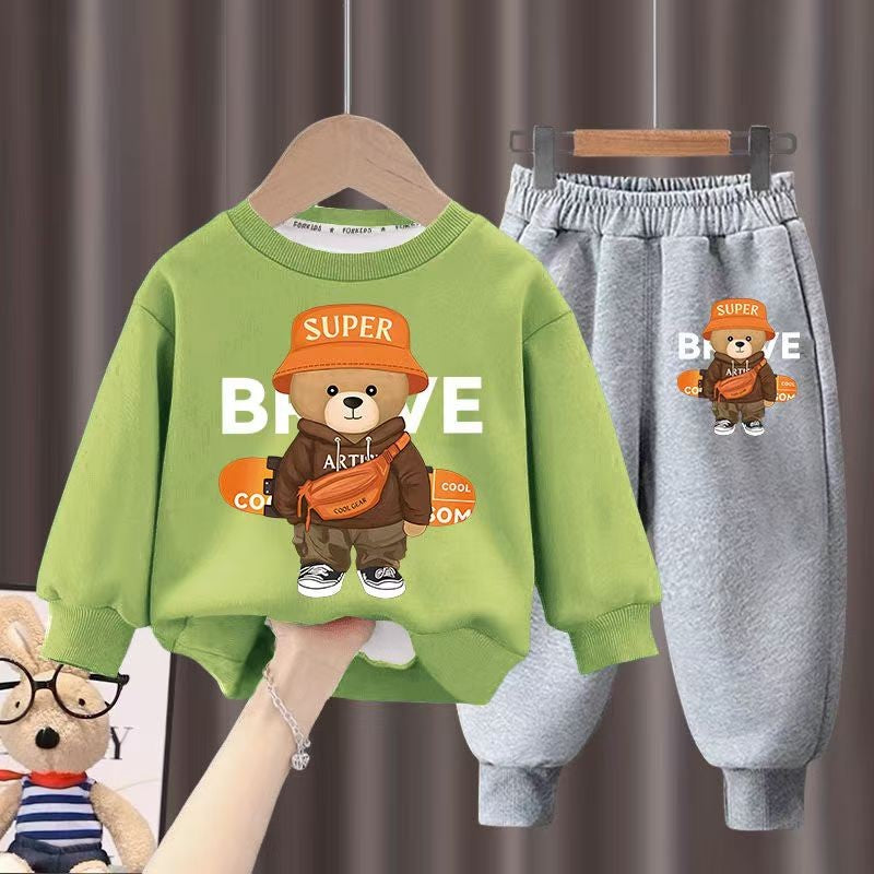 Roupas infantis meninos e meninas outono manga comprida top e calças 2 peças conjuntos menino e menina estampado urso agasalho esporte roupa