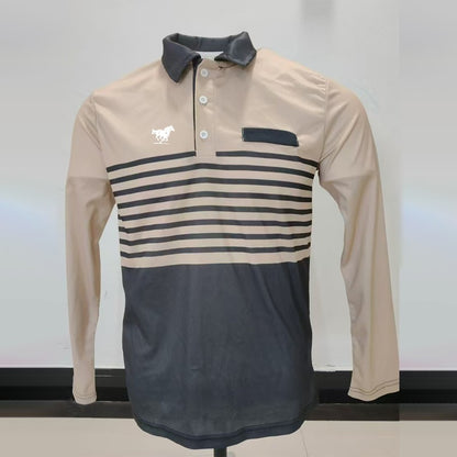 Horse Logo Pattern Print Men Clothes Spring Autumn Long Sleeve Polo Shirt Men Business Casual Turn-down Collar Tops Stripe Polo