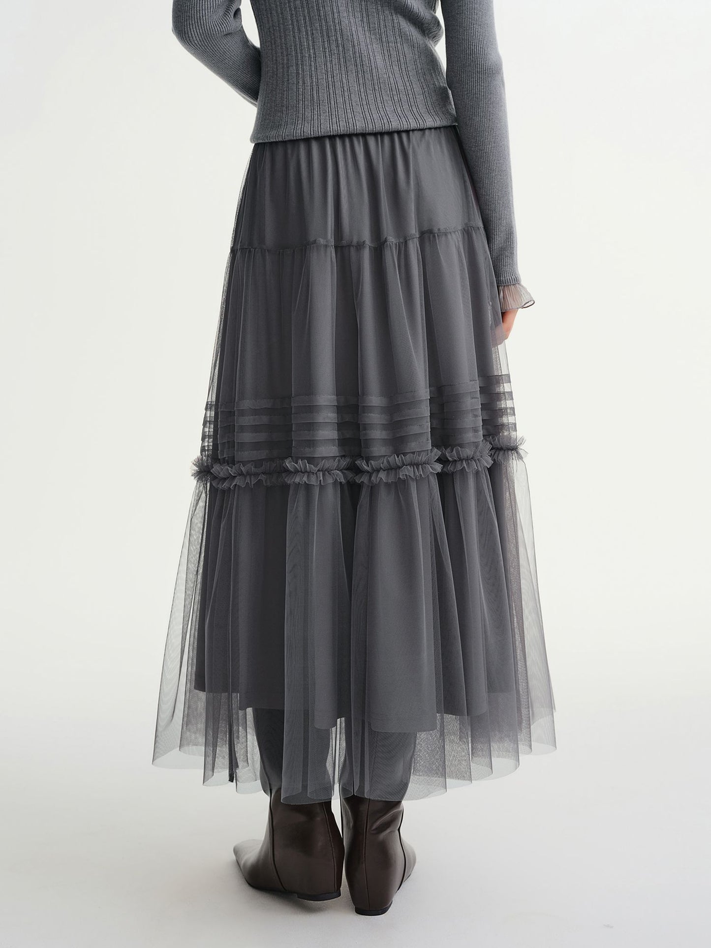 DUSHU Three-color Ruffled Mesh Skirt Women Pleated Mesh Straight Skirt Fairy Retro Gothic Cool Girls Elastic Waist Loose Fit