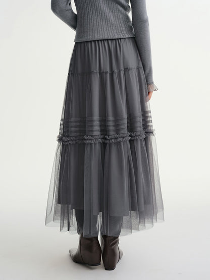 DUSHU Three-color Ruffled Mesh Skirt Women Pleated Mesh Straight Skirt Fairy Retro Gothic Cool Girls Elastic Waist Loose Fit