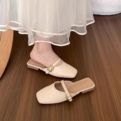 New Summer New French Gentle Baotou Half Slippers Women Casual Versatile Flat Bottom Shallow Mouth Single Shoes For Women