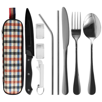 Kit de Talheres de Viagem 10 Peças com Bolsa de Armazenamento Talheres de Viagem de Aço Inoxidável Kit de Utensílios Portátil para Acampamento Kit de Talheres de Viagem