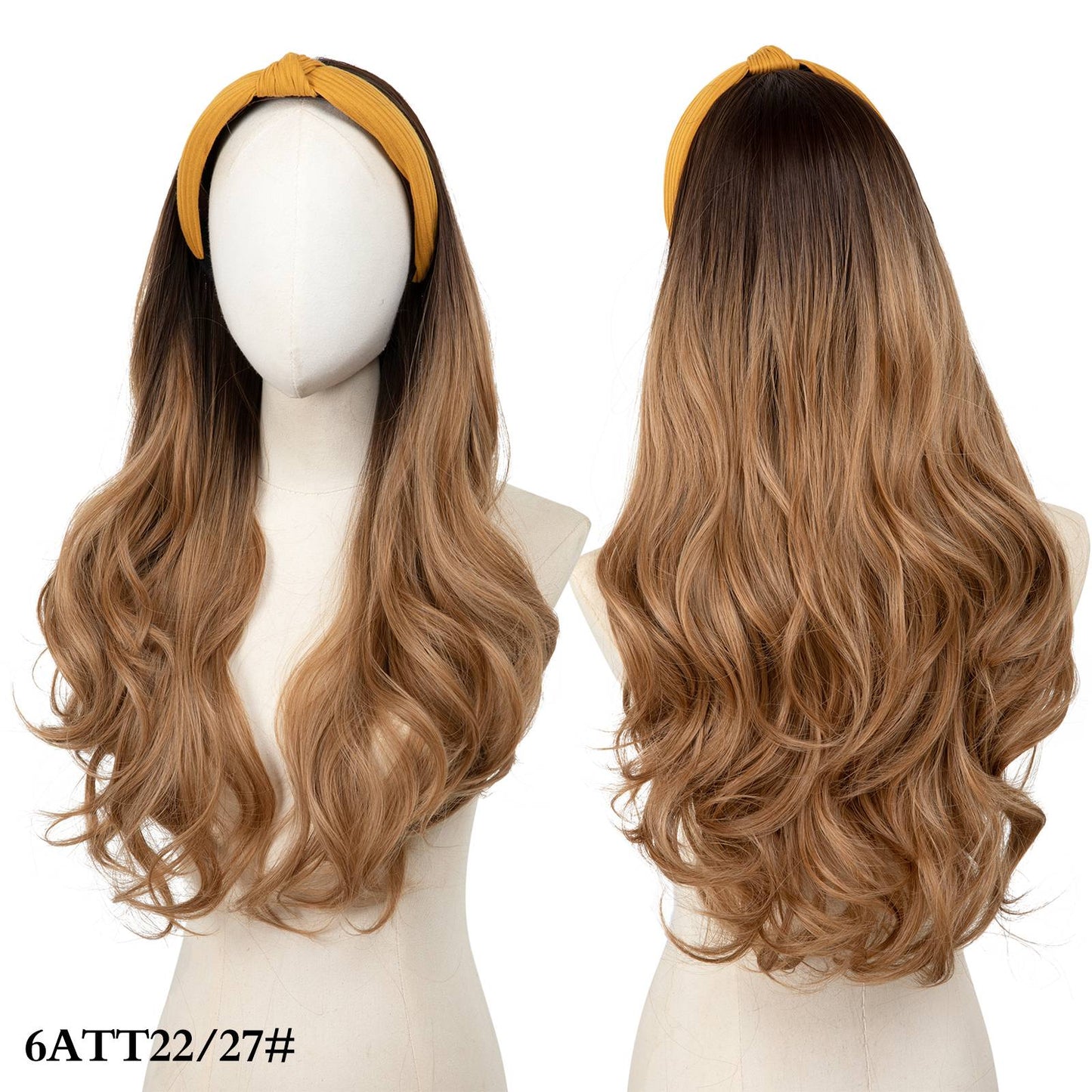 Peruca de Cabelo Sintético Longo Ondulado com Faixa Feminina Ombré Castanho Preto Loiro Cosplay Natural Resistente ao Calor Meia Peruca para Mulheres
