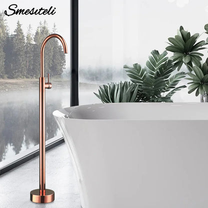 Bathroom Bathtub Floor Stand Faucet Rose Gold Mixer Single Handle Tap 360 Rotation Spout With Brass Hand Hot &Cold Water Shower