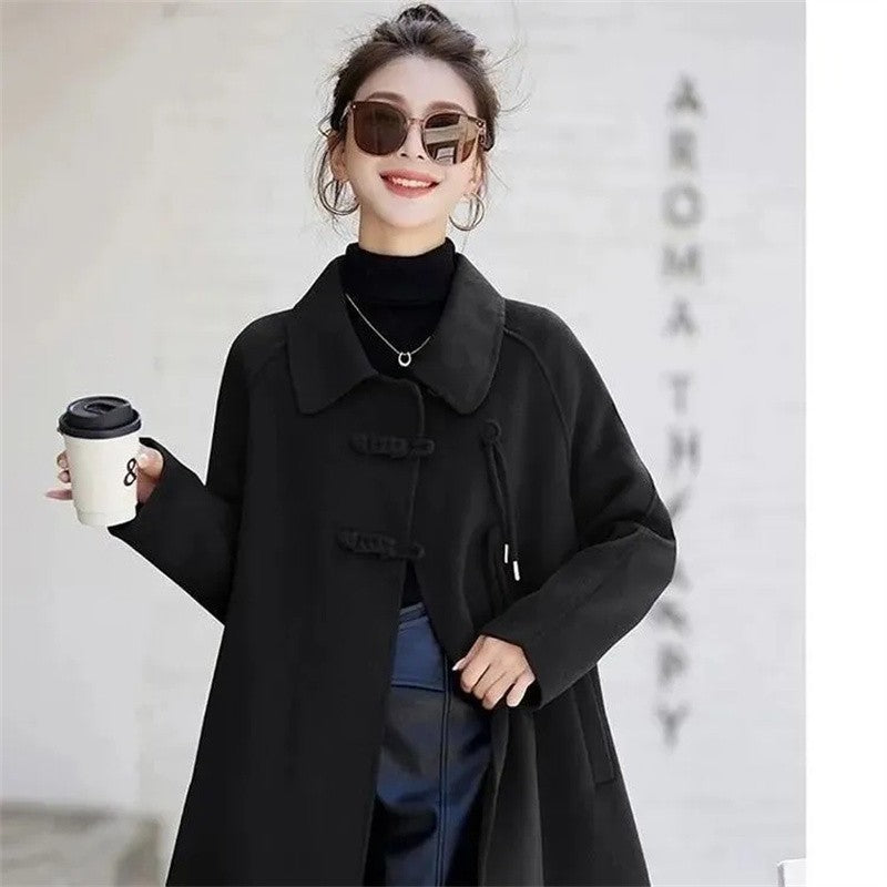 High Quality Woolen Coat Women 2025 Autumn Winter New Cloak Long Wool Jacket Chinese Retro Buckle Ladies Overwear Korean Outcoat