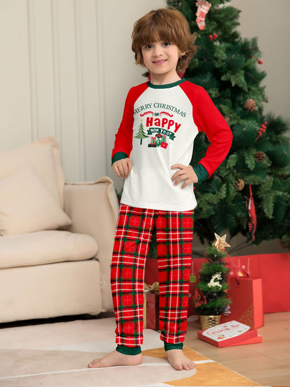 Christmas Kids Pajamas Set  "Merry Christmas Happy New Year" Print Raglan Sleeve Red White Green & Red Plaid Pants Sleepwear