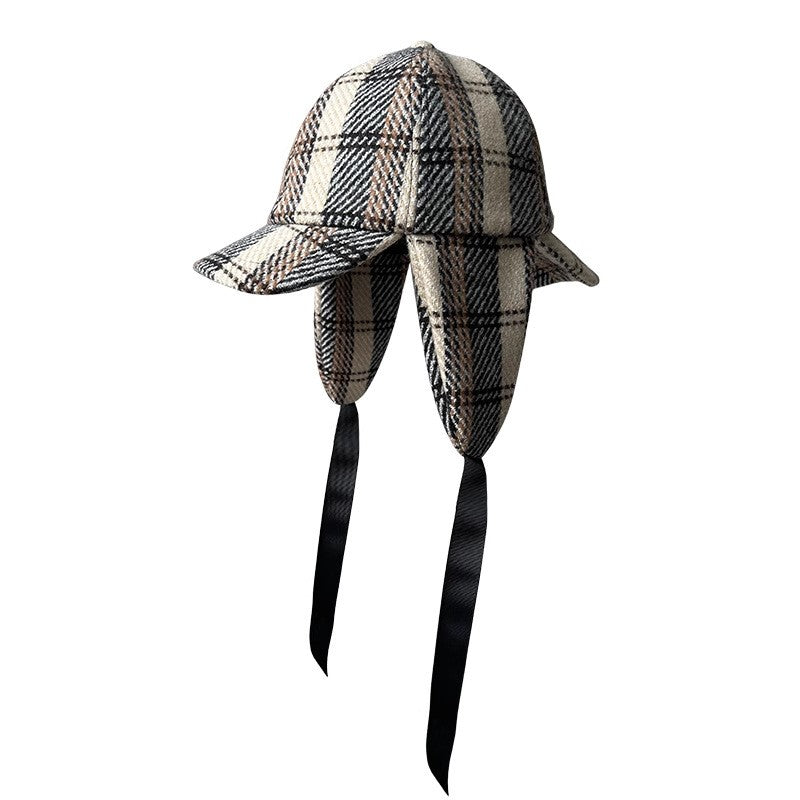 Unisex British-Style Sherlock Holmes Deerstalker Hat for Fall Winter Wool Blend Plaid Double Brim Ear-Warming, Trendy Detective